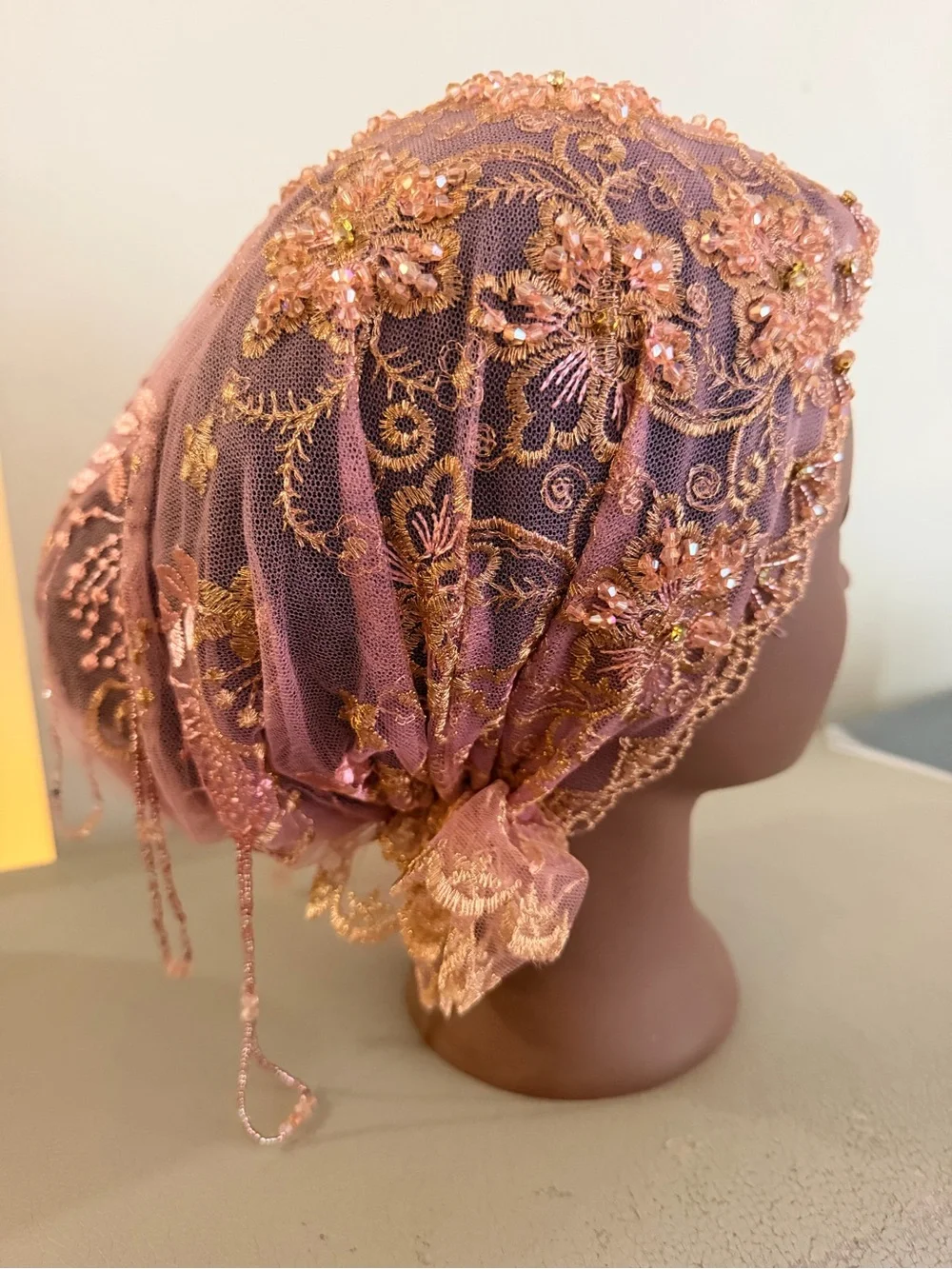 Embellished Rose Gold Lace Headscarf